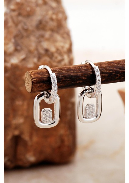 Tasarım Dikdörgen Rodyumlu Gümüş Küpe 6955