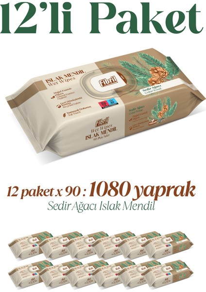 Sedir Ağacı Kokulu Islak Mendil 12X90 Lı Paket 1080YAPRAK Doğal Esans , Geri Dönüştürülebilir Kumaş