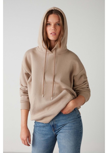 Adel Relaxed Fit Örme Kanguru Cepli Kapüşonlu Bej Sweatshirt