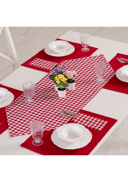 Tropikhome Moena Amerikan Servis Supla ve Runner Seti 6 Kişilik Kırmızı Ekose Desen Set