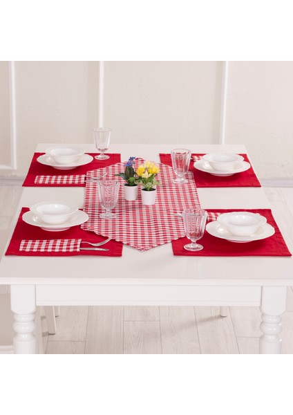 Tropikhome Moena Amerikan Servis Supla ve Runner Seti 6 Kişilik Kırmızı Ekose Desen Set