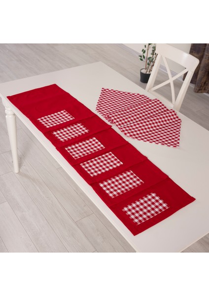 Tropikhome Moena Amerikan Servis Supla ve Runner Seti 6 Kişilik Kırmızı Ekose Desen Set