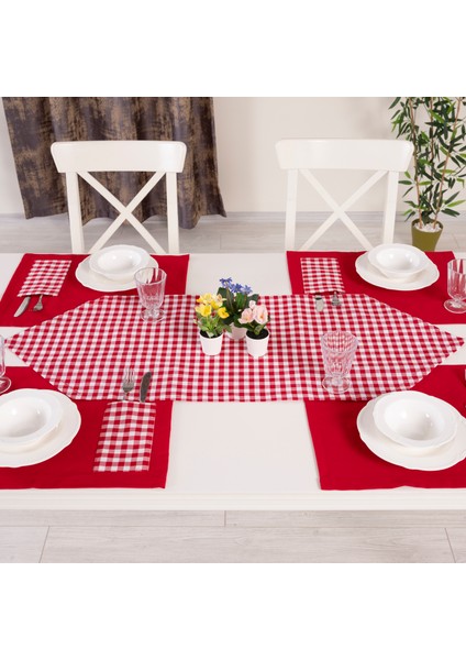 Tropikhome Moena Amerikan Servis Supla ve Runner Seti 6 Kişilik Kırmızı Ekose Desen Set