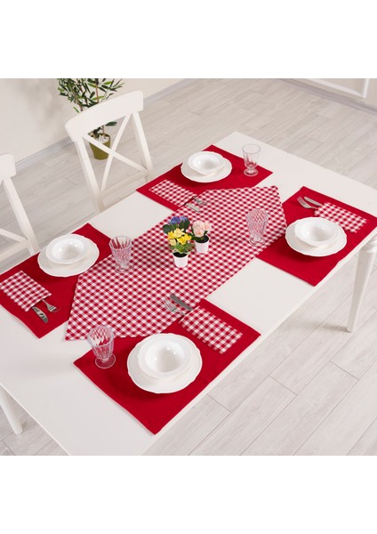 Tropikhome Moena Amerikan Servis Supla ve Runner Seti 6 Kişilik Kırmızı Ekose Desen Set