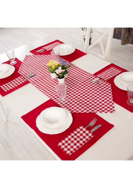 Tropikhome Moena Amerikan Servis Supla ve Runner Seti 6 Kişilik Kırmızı Ekose Desen Set