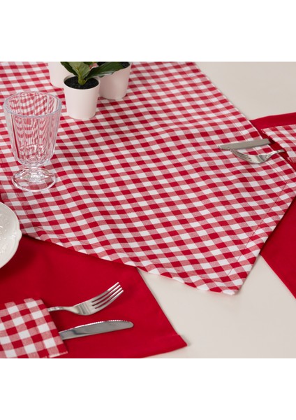 Tropikhome Moena Amerikan Servis Supla ve Runner Seti 6 Kişilik Kırmızı Ekose Desen Set