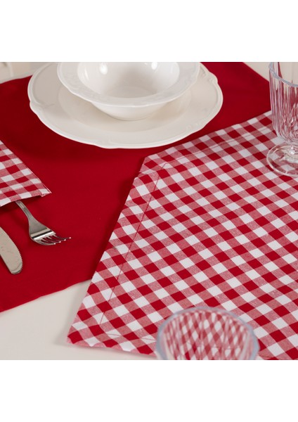 Tropikhome Moena Amerikan Servis Supla ve Runner Seti 6 Kişilik Kırmızı Ekose Desen Set