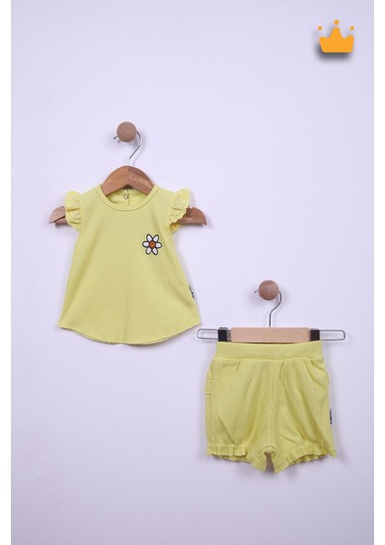 Babyhola %100 Pamuk Kız Bebek Papatya Nakışlı Kolları Güpürlü Şortlu Takım 3662