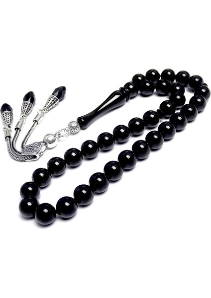 Erzurum Oltu Taşı Tesbih 7,5mm Bilek Boy ve Gümüş Püskül İmame İçi Metal Borulu Tasarım