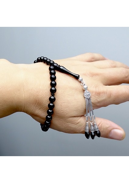 Erzurum Oltu Taşı Tesbih 7,5mm Bilek Boy ve Gümüş Püskül İmame İçi Metal Borulu Tasarım modelleri