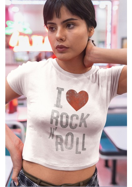 I Love Rock'n Roll Yazılı Crop Top, Kadın Rock Temalı Crop Bluz