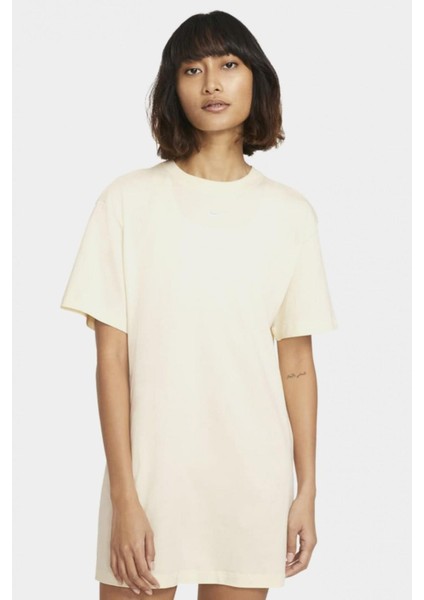 Sportswear Organic Cotton Short Sleve Dress Nakış Swooslu Elbise Krem