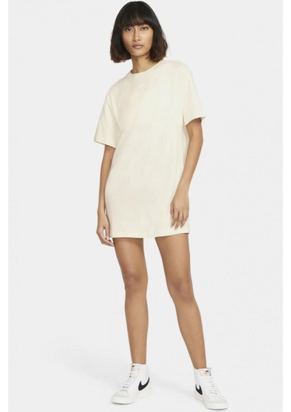 Sportswear Organic Cotton Short Sleve Dress Nakış Swooslu Elbise Krem modelleri