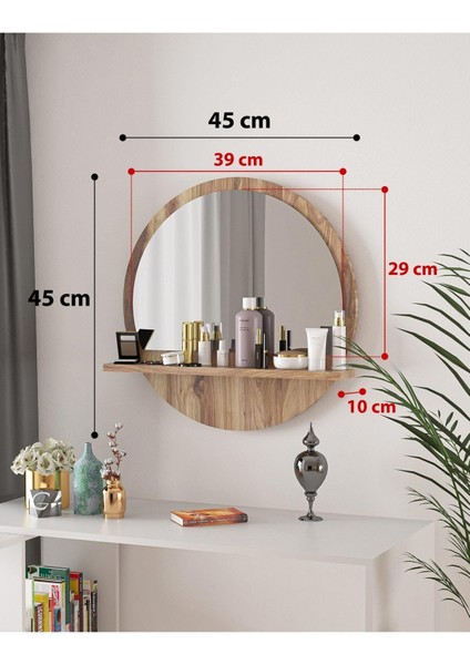 Yuvarlak 45 cm Bambu Raflı Ayna Hol Koridor Dresuar Duvar