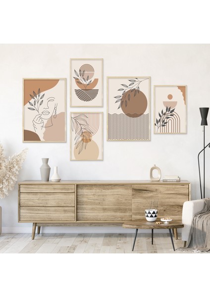 Bohem Kadın ve Yapraklar - Lamine Çerçeveli 5'li Tablo Seti