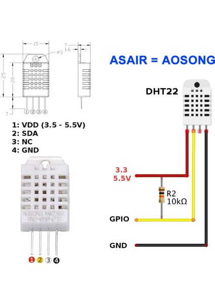 DHT22 Sıcaklık ve Nem Ölçme Sensörü Aosong=asair