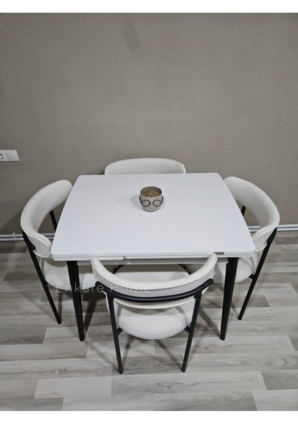 Beyaz Küçük Mdf Masa, Elisa Sandalye Takımı, Açılabilir Masa, 4 Kişilik Yemek Masası, 68X90