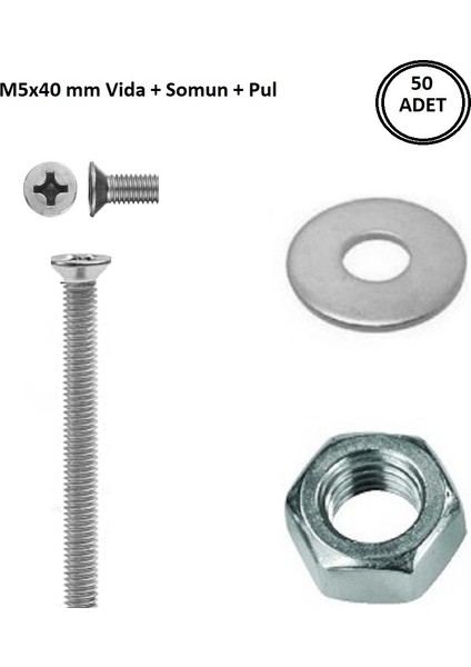 M5X40 mm Vida + Somun + Pul Vida Takım Set 50 Adet