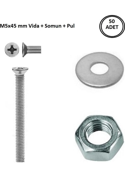 M5X45 mm Vida + Somun + Pul Vida Takım Set 50 Adet