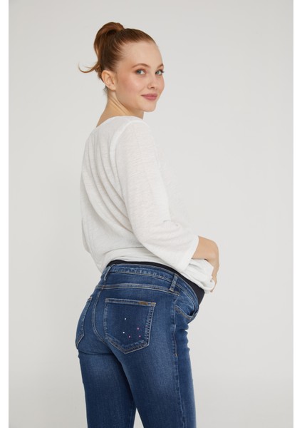 Slim Fit Likralı Hamile Jean Damlatmalı Koyu Mavi Pantolon 1012 modelleri