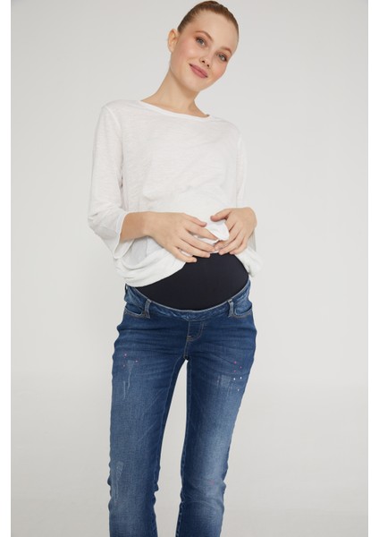 Slim Fit Likralı Hamile Jean Damlatmalı Koyu Mavi Pantolon 1012 fırsatları