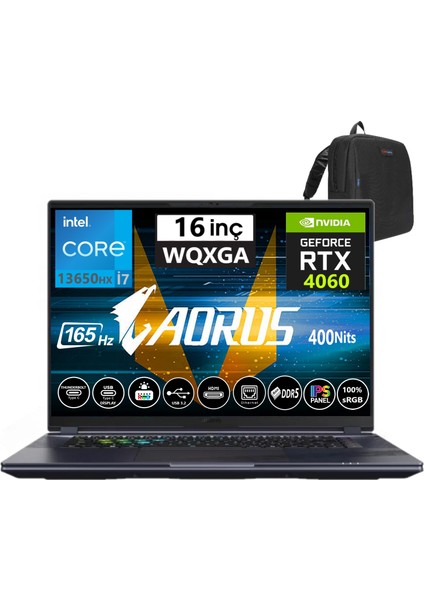 Gigabyte aorus 16X Intel Core I7-13650HX 96GB Ddr5 512GB SSD 8gb Rtx 4060 16″ Wqxga 3ms 165Hz WIN11HOME Gaming (Oyuncu) Notebook 9KG-43TRC54SH22+ZETTAÇANTA