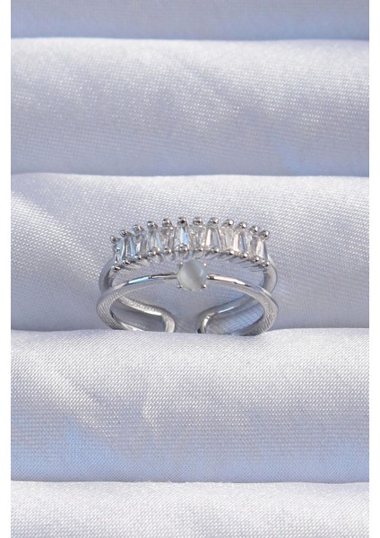 Pirinç Gümüş Renk Sedefli Zirkon Taşlı Su Yolu Model 2li Görünüm Ayarlanabilir Yüzük