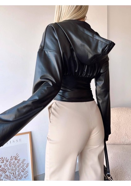 Kapüşonlu Deri Beli Korse Detaylı Crop Bluz fiyatları