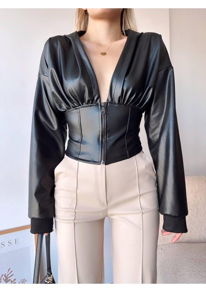 Kapüşonlu Deri Beli Korse Detaylı Crop Bluz indirimleri