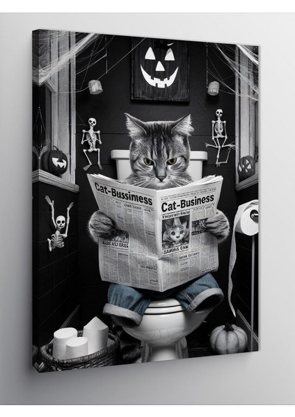 Kanvas Tablo Tuvalette Gazete Okuyan Kedi
