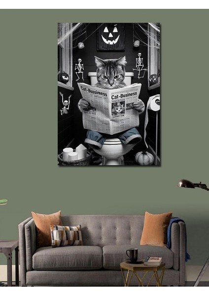 Kanvas Tablo Tuvalette Gazete Okuyan Kedi modelleri