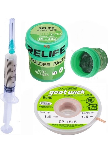 Relıfe RL-402 Krem Lehim Solder Paste 183°C Noclean SN63/PB67 40G Lehim Toplama CP-1515 Emme Teli
