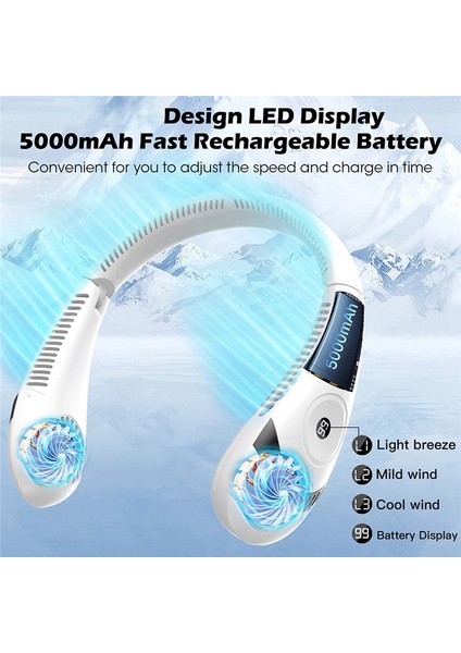 Taşınabilir Boyun Fanı Katlanabilir LED Ekran 360°SOĞUTMA 5000MAH 3 Hızla Şarj Edilebilir Dış Mekan Seyahati Için Kişisel (Yurt Dışından)