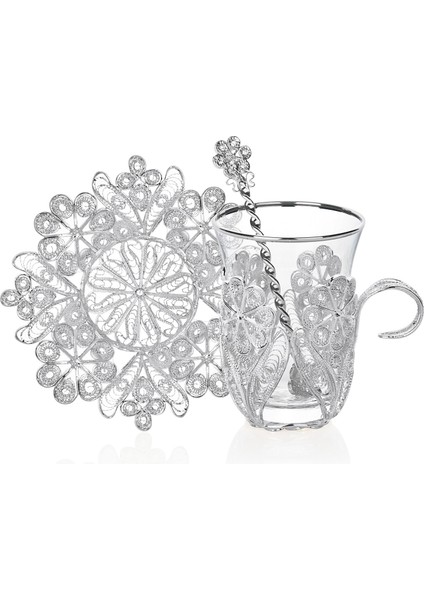Zarafet Gümüş Kaplama 90 ml 12 Parça 6 Kişilik Kulplu Trabzon El İşçiliği Telkari Çay Takımı 9-01110013