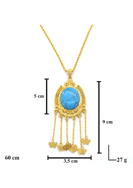 Bz Burgu Zincir Bz Firuze Taşlı Akıtma Kelebek Detaylı 22 Ayar Altın Kaplama 60 cm Kolye KLY-497