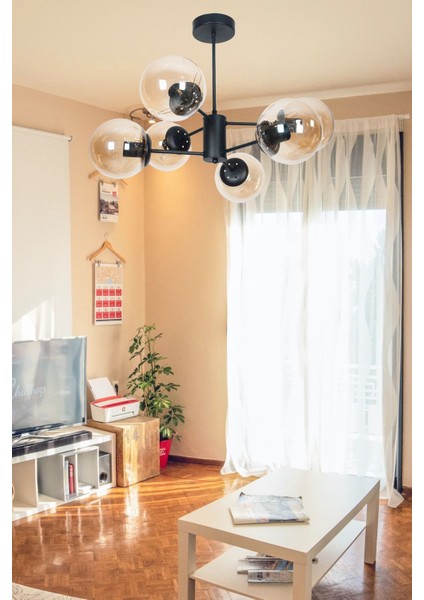 Oscar Modern Lüks Tasarım Siyah Renk Kasa Bal Camlı Salon - Mutfak - Yatak Odası 6 Lı Avize