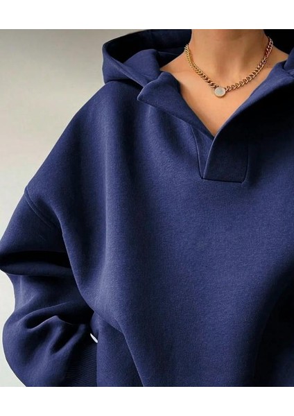 Oversize Yaka Detaylı Lacivert Kapüşonlu Sweatshirt