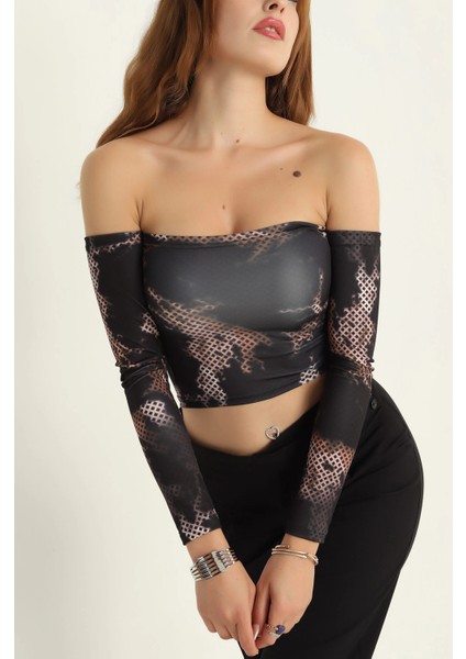 Desenli Uzun Kollu Straplez Crop Bluz