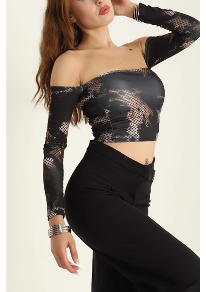 Desenli Uzun Kollu Straplez Crop Bluz