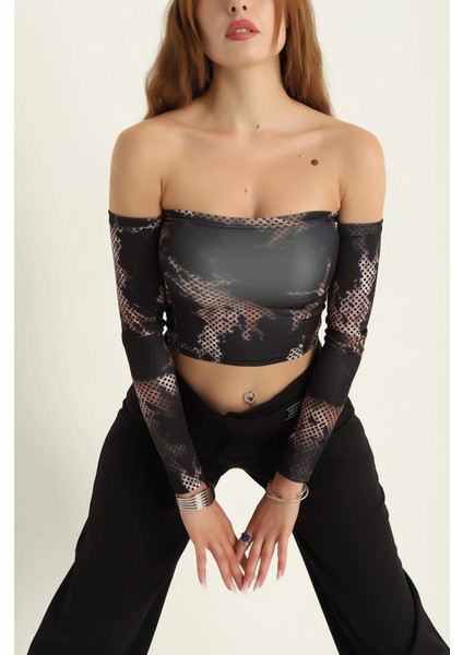 Desenli Uzun Kollu Straplez Crop Bluz