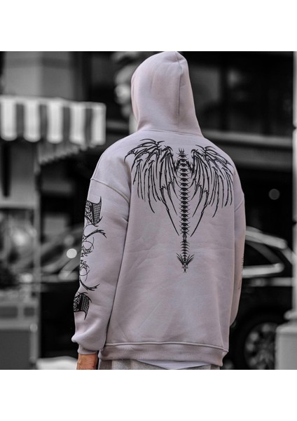 Büyük Beden Özel Tasarım Kapüşonlu Omurga Dark Sırt Baskılı Modern Erkek Battal Sweatshırt