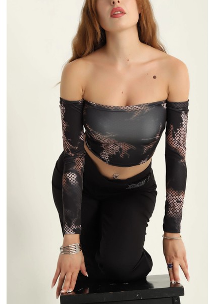 Desenli Uzun Kollu Straplez Crop Bluz