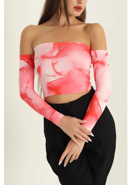 Desenli Uzun Kollu Straplez Crop Bluz