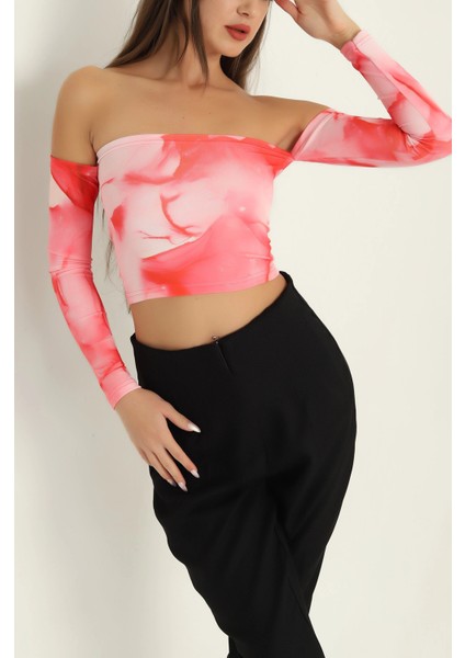 Desenli Uzun Kollu Straplez Crop Bluz fiyatları