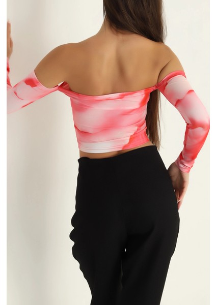 Desenli Uzun Kollu Straplez Crop Bluz modelleri