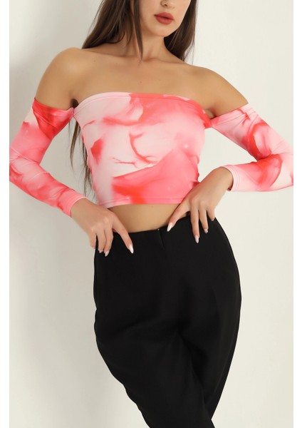 Desenli Uzun Kollu Straplez Crop Bluz fırsatları