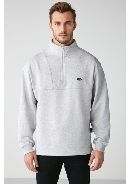 Radıant Erkek %100 Organik Pamuk Nakış Detaylı Yarım Fermuarlı Dik Yakalı Grimelanj Sweatshirt