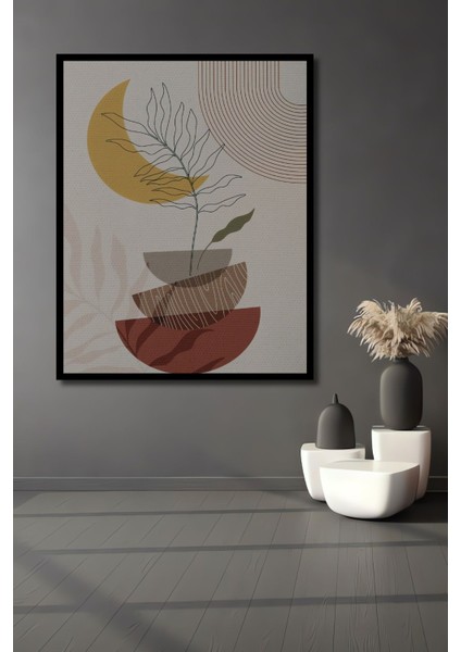 Geometrik ve Yaprak Desen Boho Bohem Tarz Ahşap Tablo Çerçeve Görünümlü Dikey Duvar Tablo