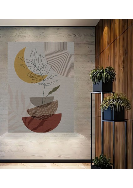 Geometrik ve Yaprak Desen Boho Bohem Tarz Ahşap Tablo Çerçeve Görünümlü Dikey Duvar Tablo