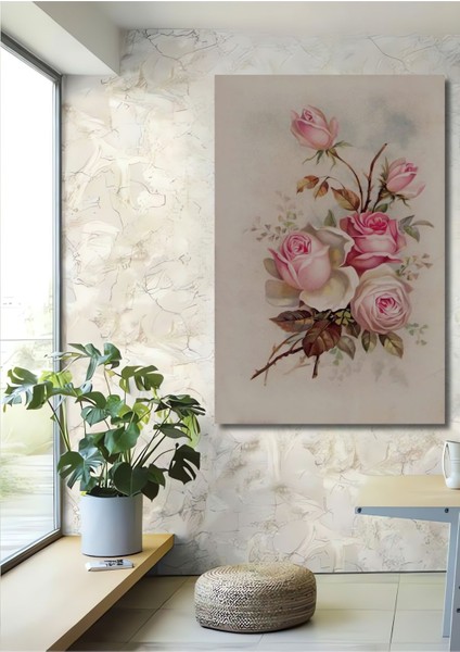 Dekoratif Dikey Çiçekler Modern Sanat Yağlı Boya Görünümlü Duvar Tablo Ahşap Dikdörtgen Tablo